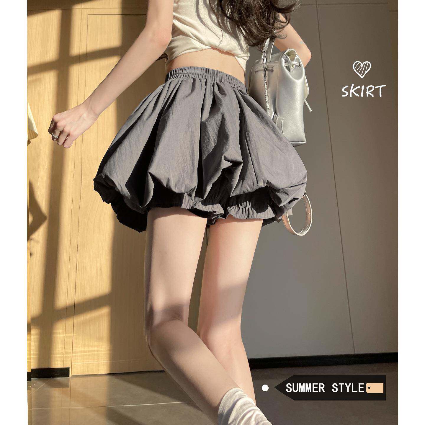 灰色花苞短裙女2026新款夏季高腰显瘦a字半身裙短款蛋糕裙蓬蓬裙