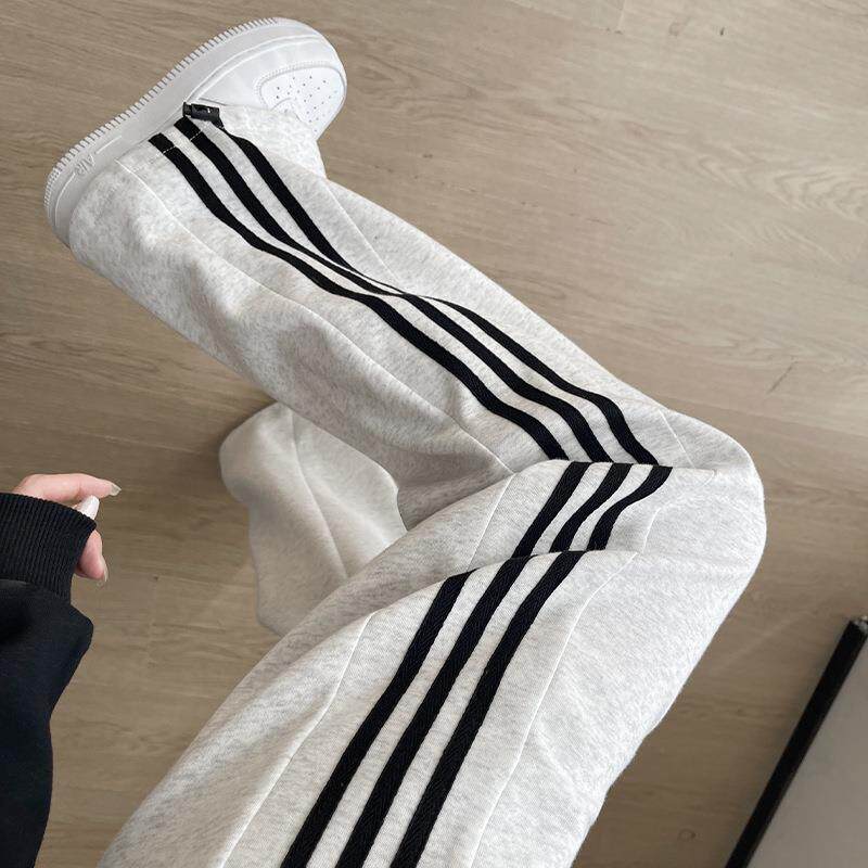 灰色运动裤女秋冬2026新款宽松条纹卫裤束脚休闲小个子直筒阔腿裤
