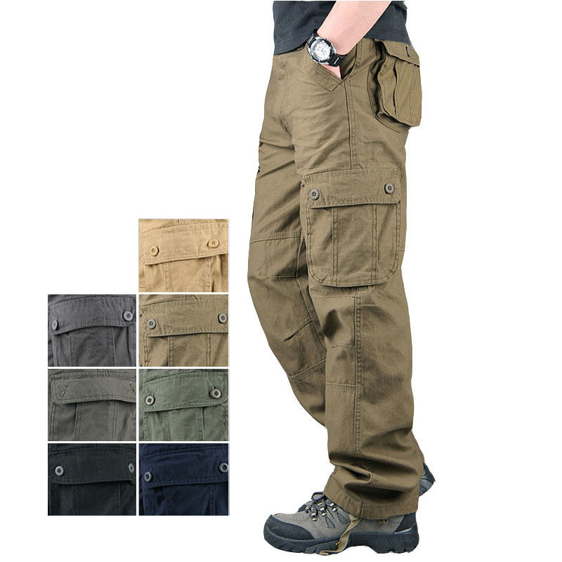 Spring Autumn Mens Cargo Pants Multi Pocket Khaki Trousers C