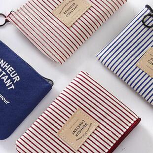 条纹帆布零钱包创意硬币袋学生男女拉链小钱包红色条纹皮革