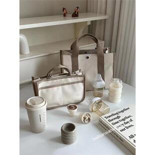 多隔层帆布托特包硬底分层早八通勤包立体大容量妈咪包小方包加厚