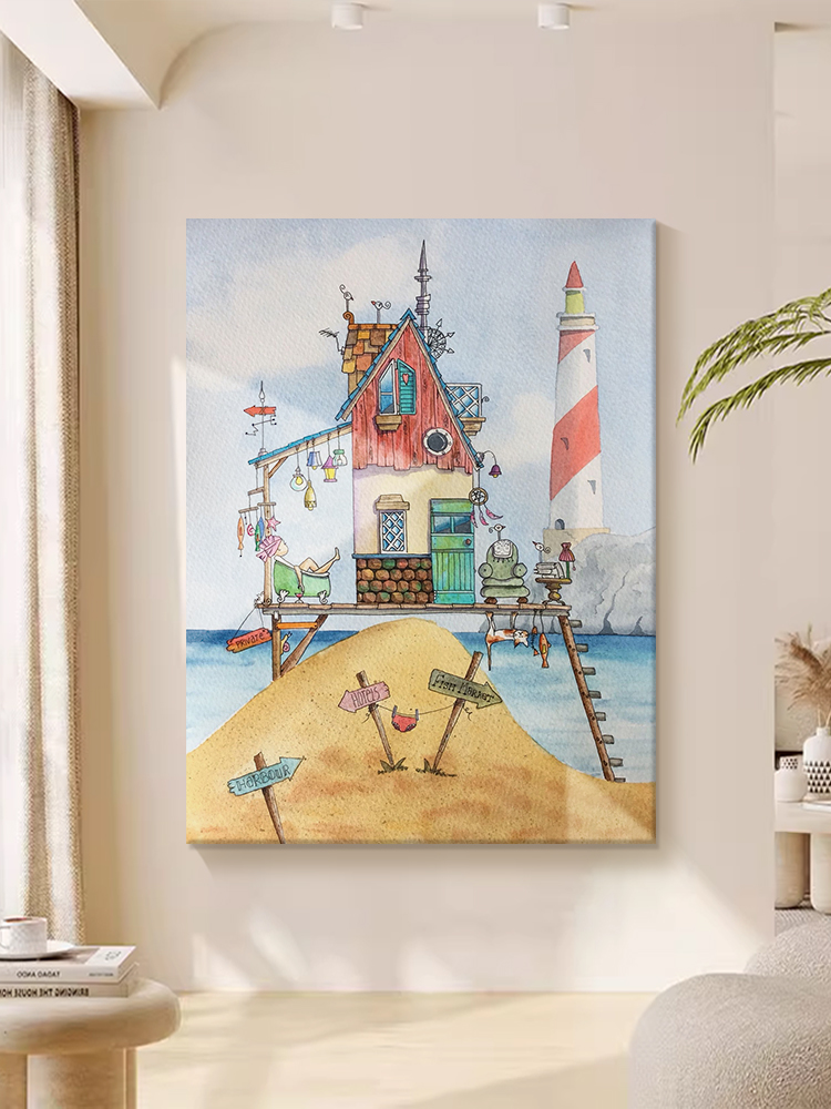 现代艺术海滩风景手绘油画客厅卡通建筑灯塔装饰壁画玄关小众挂画图片
