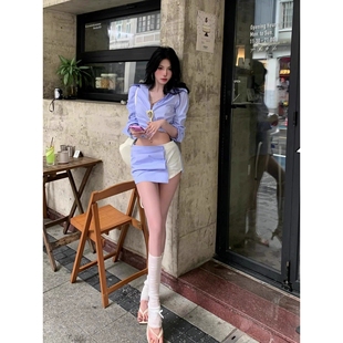 上衣设 外贸出口捡漏特价 性感辣妹套装 女夏季 韩系绝美气质蓝色衬衫