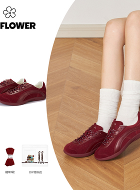 We flower复古德训鞋酒红色女2025新款百搭休闲运动鞋软底休闲鞋