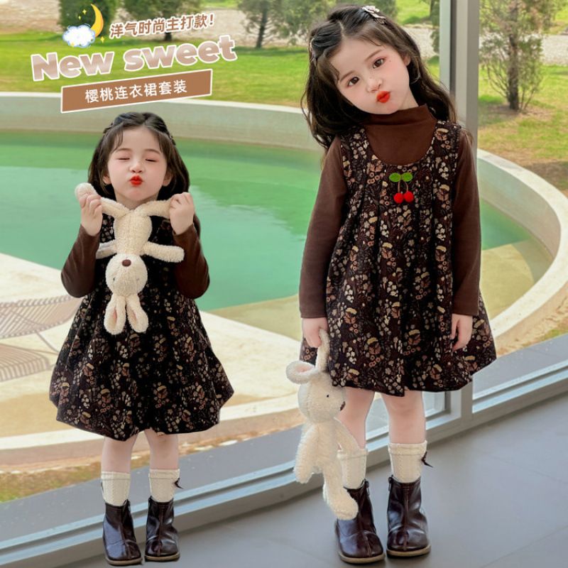 韩国工艺女童春秋森系碎花背心裙套装2025新款儿童打底衫樱桃裙子