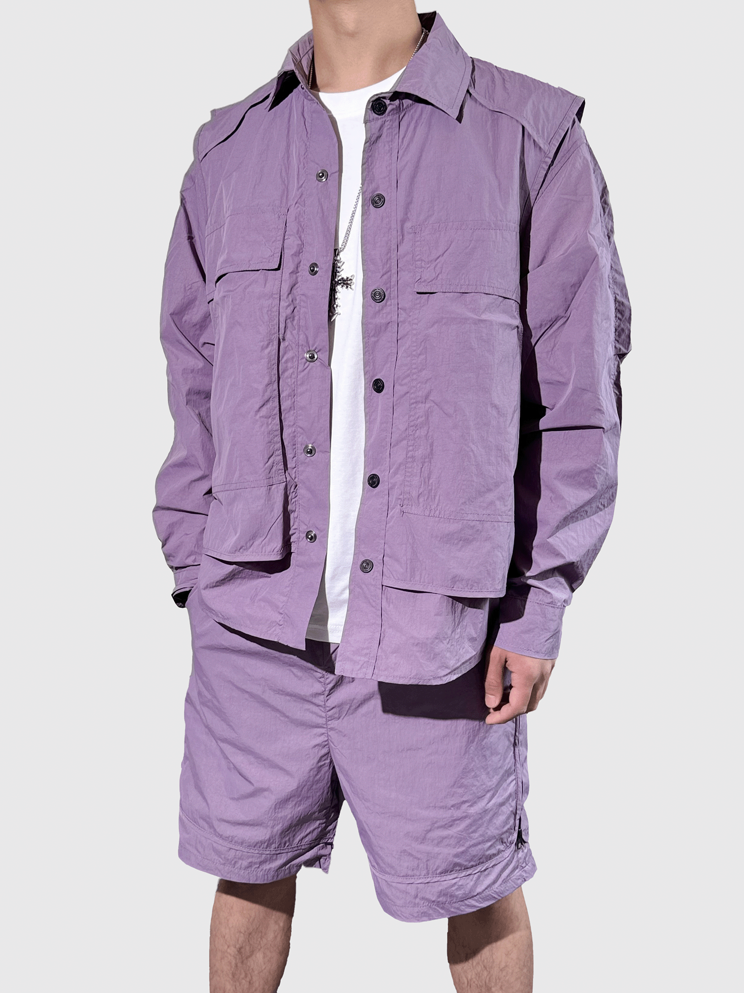 2024 봄 뉴 웨이브 컬러 스플 라이스 대형 포켓 작업복 옷깃 재킷 재킷 반바지 정장 남성용