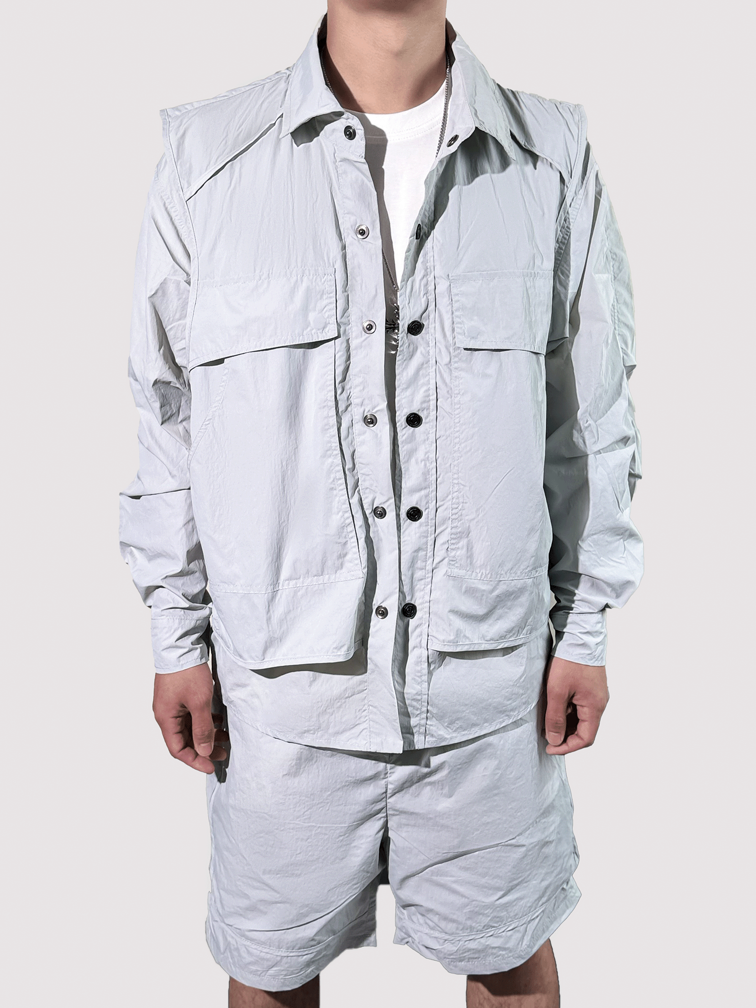 2024 봄 뉴 웨이브 컬러 스플 라이스 대형 포켓 작업복 옷깃 재킷 재킷 반바지 정장 남성용