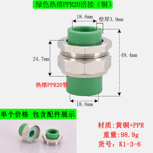 20PPR25 32 40 50 63 75热熔双头加厚白色绿色灰色铜电镀水管活接