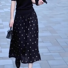 法式黑色波点半身裙女夏2025新款大码高腰长款a字裙显瘦大摆裙子