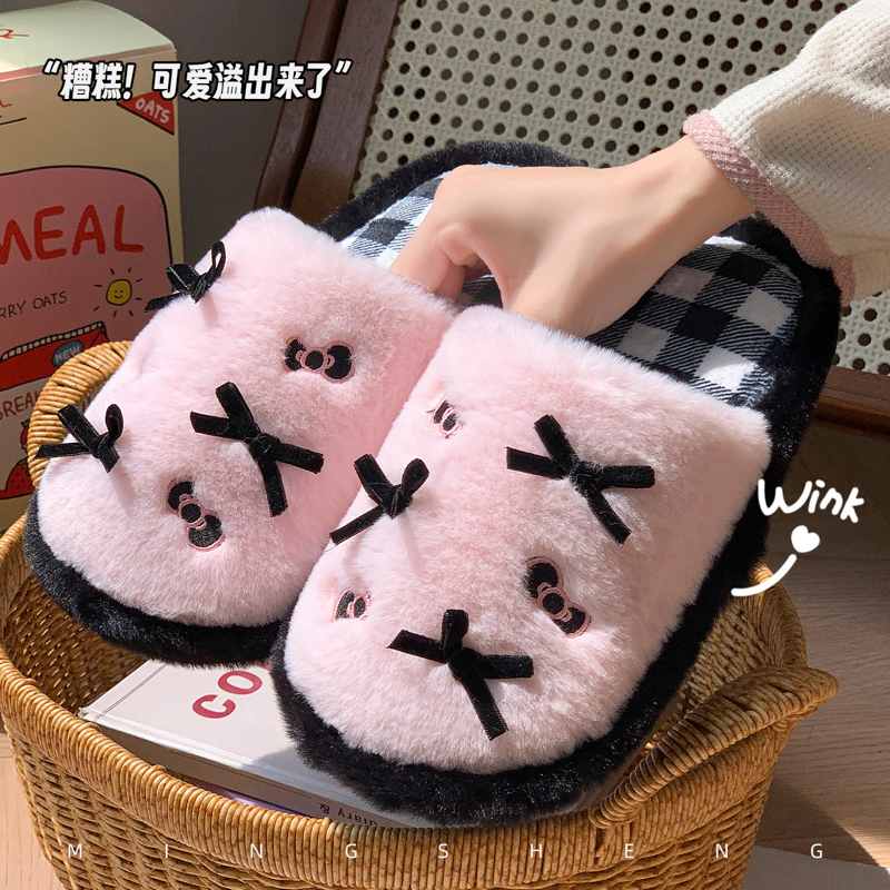 可爱居家蝴蝶结不分左右脚棉拖2025冬季新款女士软底毛绒