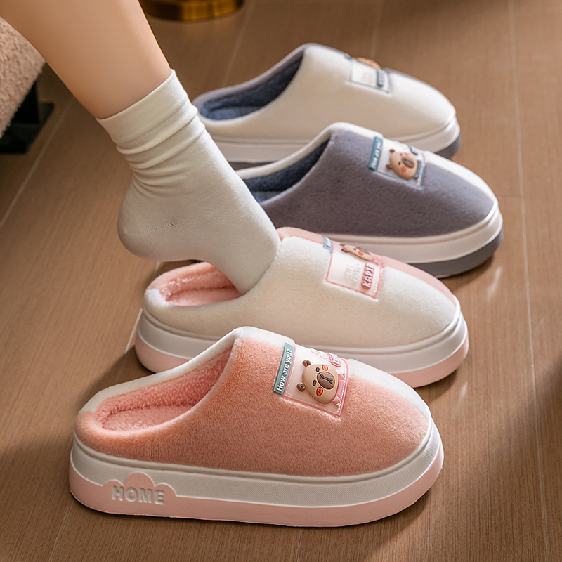 熊头拼接款棉拖鞋防滑厚底保暖加绒加厚毛毛棉拖家居棉鞋女