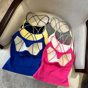 泰式 吊带背心女外穿夏季 交叉露背带胸垫小众甜辣妹抹胸上衣多巴胺