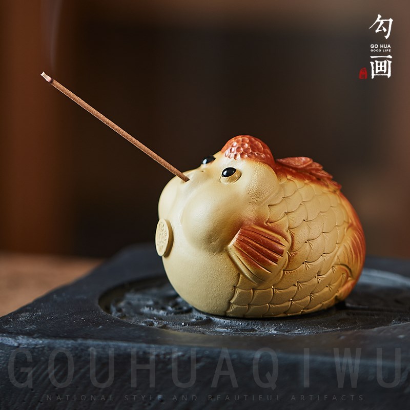 勾画嘟嘟鱼紫砂茶宠摆件精品手工粗陶茶道茶玩 R线香香插招财进宝