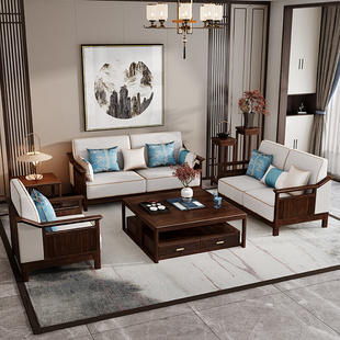 全实木沙发茶几组合大小户型轻奢布艺三人古典禅意客厅家具 新中式