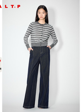 SALT.P可颜灰色条纹羊毛圆领针织开衫女短款2025新品AC35306240