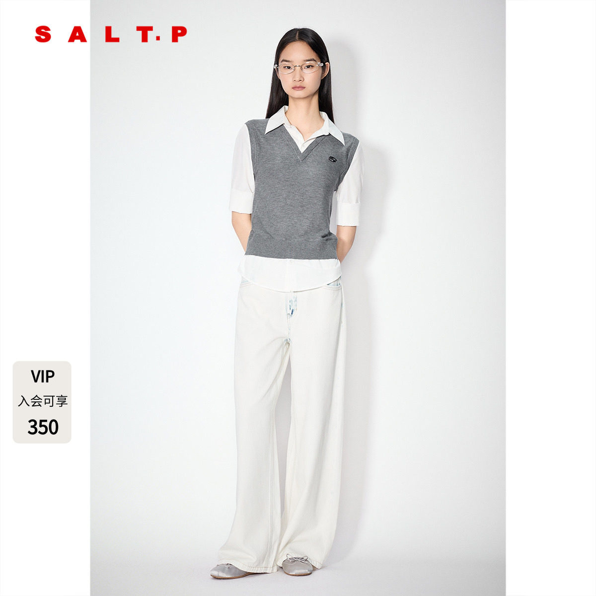 SALT.P可颜灰色假两件短袖针织上衣女真丝羊毛混纺AC35206480图片