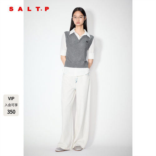 SALT.P可颜灰色假两件短袖针织上衣女真丝羊毛混纺AC35206480