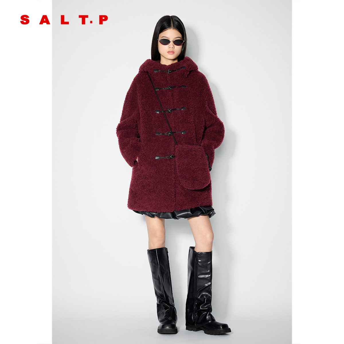 SALT.P可颜羊羔毛泰迪熊连帽大衣外套女2025冬季新款AC35510100
