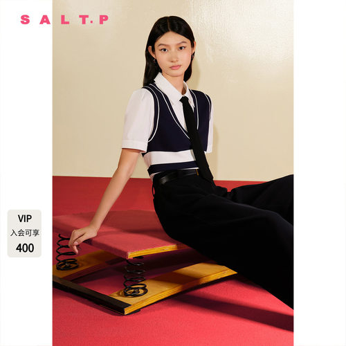 SALT.P可颜【明星同款】学院风假两件领带短袖针织上衣女夏季薄款