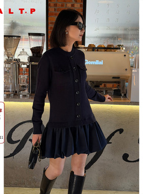 SALT.P可颜深蓝色拼接针织花苞连衣裙短款2025冬季新款AC35505070