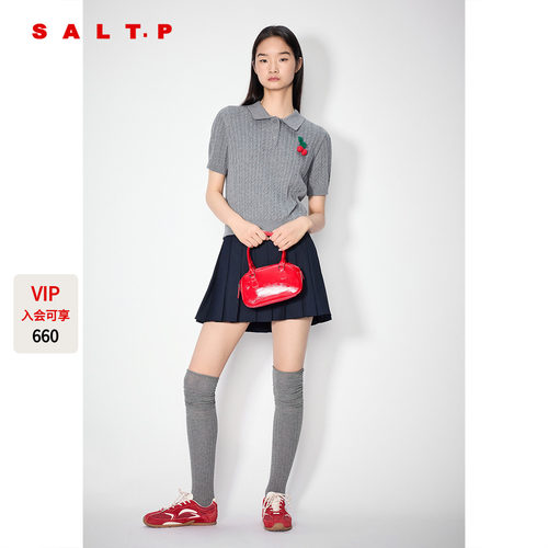 SALT.P可颜灰色polo翻领短袖针织miu系学院风樱桃钩花AC35306270