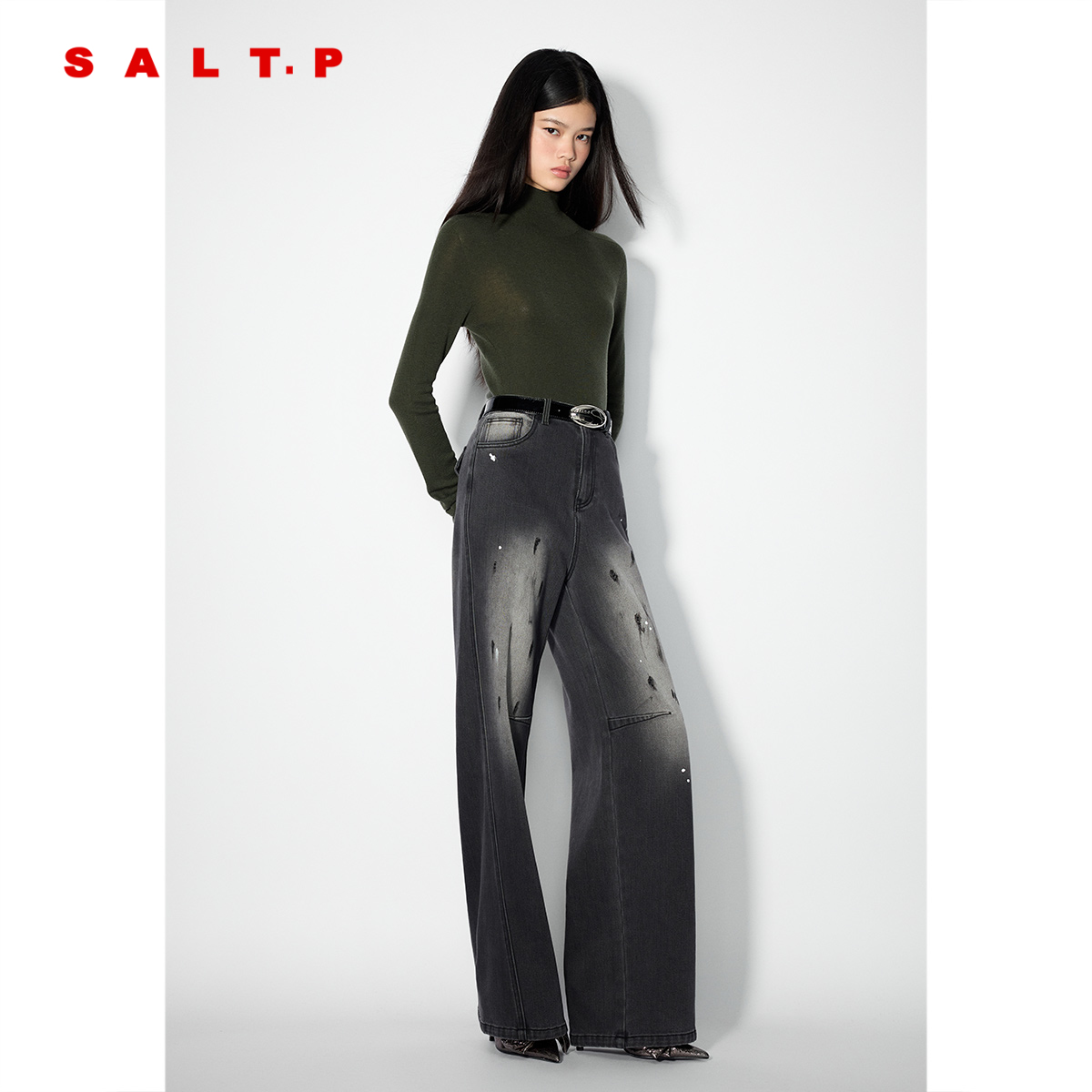 SALT.P可颜 个性泼墨烫钻阔腿牛仔裤女2025冬季新款AC35520240