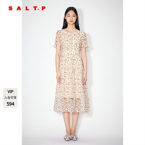 SALT.P可颜2025夏季新款法式休闲风樱桃印花短袖连衣裙蛋糕裙