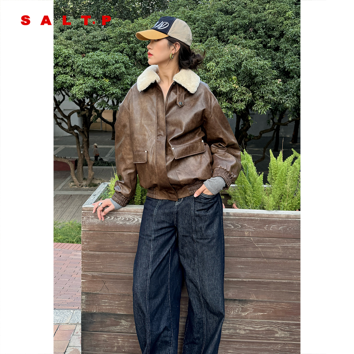 SALT.P可颜可拆毛领pu皮衣棉服外套夹克女2025秋冬新款AC35310310