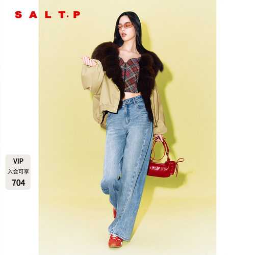 SALT.P可颜蓝色弯刀牛仔裤女烫钻长裤阔腿宽松2025冬AC35520010