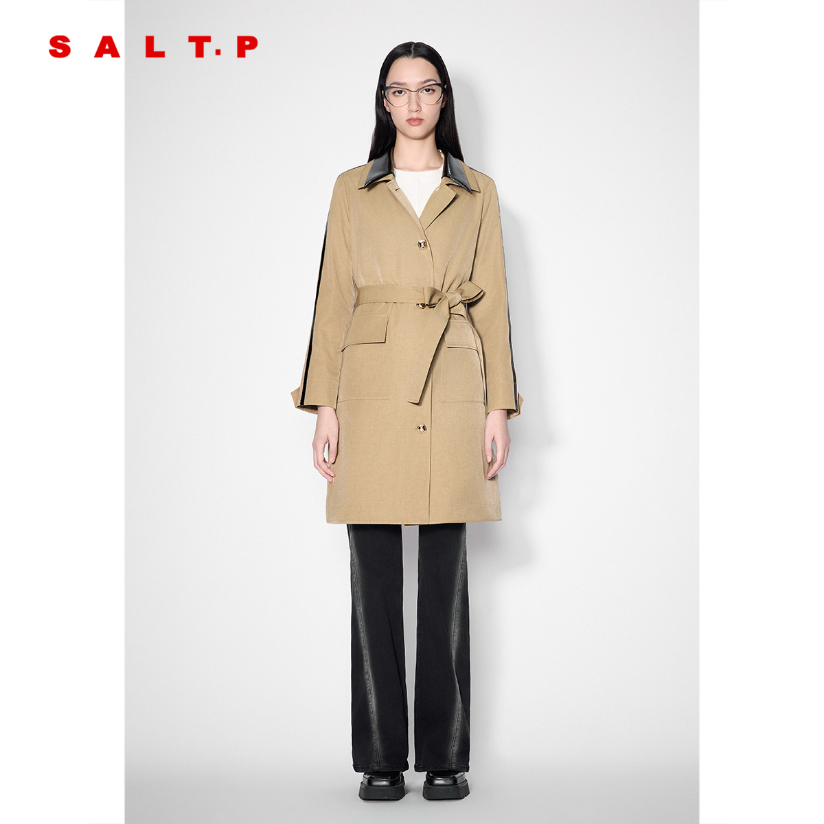 SALT.P可颜2024年秋季新款时髦拼接单排扣风衣外套女中长款