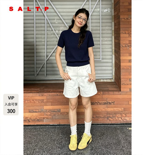 SALT.P可颜深蓝色圈圈纱短袖针织衫女短款合身版AC35206280