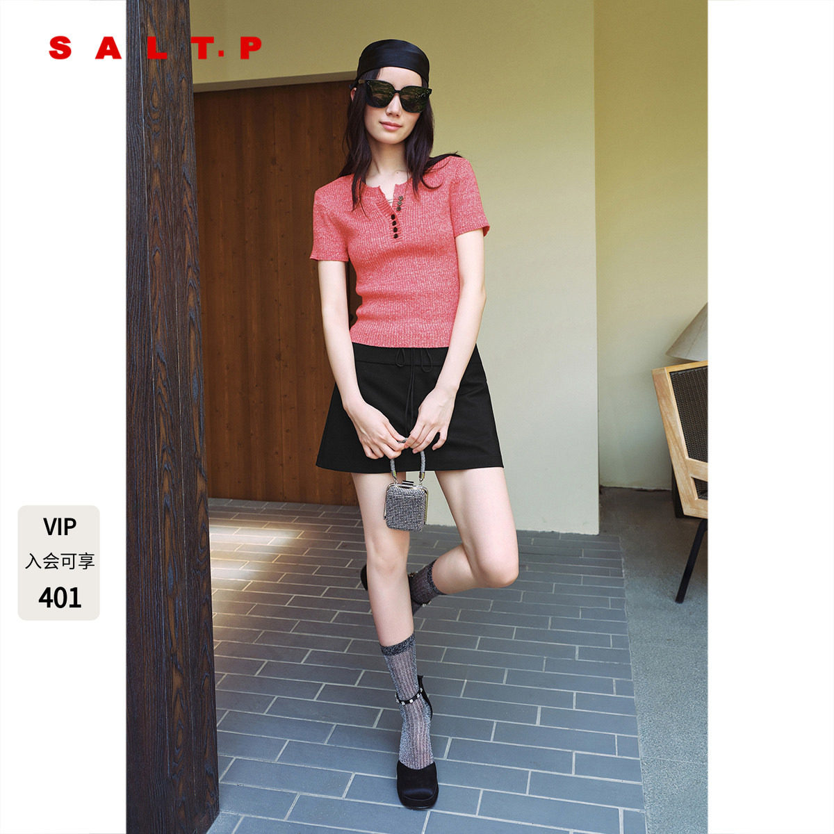 SALT.P可颜纯色短袖针织亚麻混纺正肩修身上衣女薄款AC35206060图片