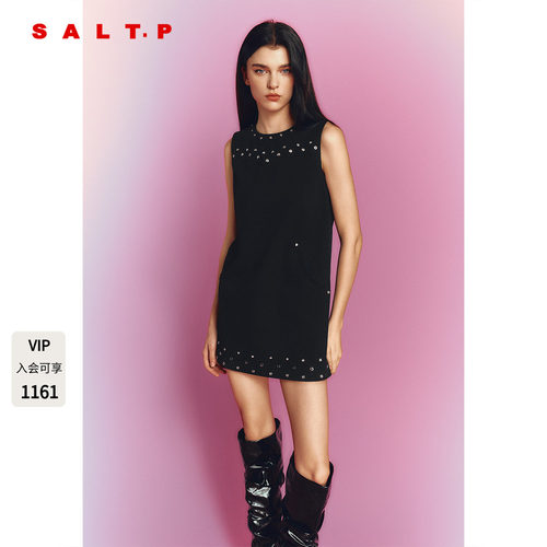 SALT.P可颜直筒铆钉装饰无袖小黑裙2026秋季新款连衣裙AC36305070
