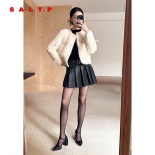 女 Y2K黑色压褶皮裙短裙裤 SALT.P可颜2024年冬季 新款