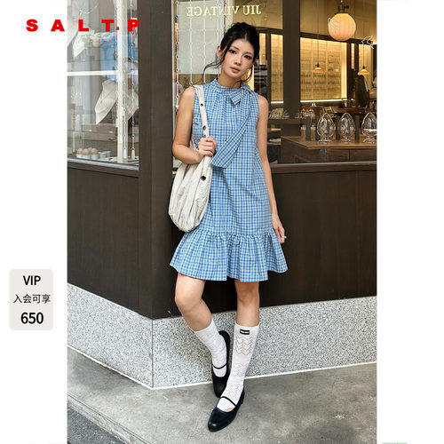 SALT.P可颜夏季蓝色格子无袖连衣裙短款miu系2026新款AC36105040