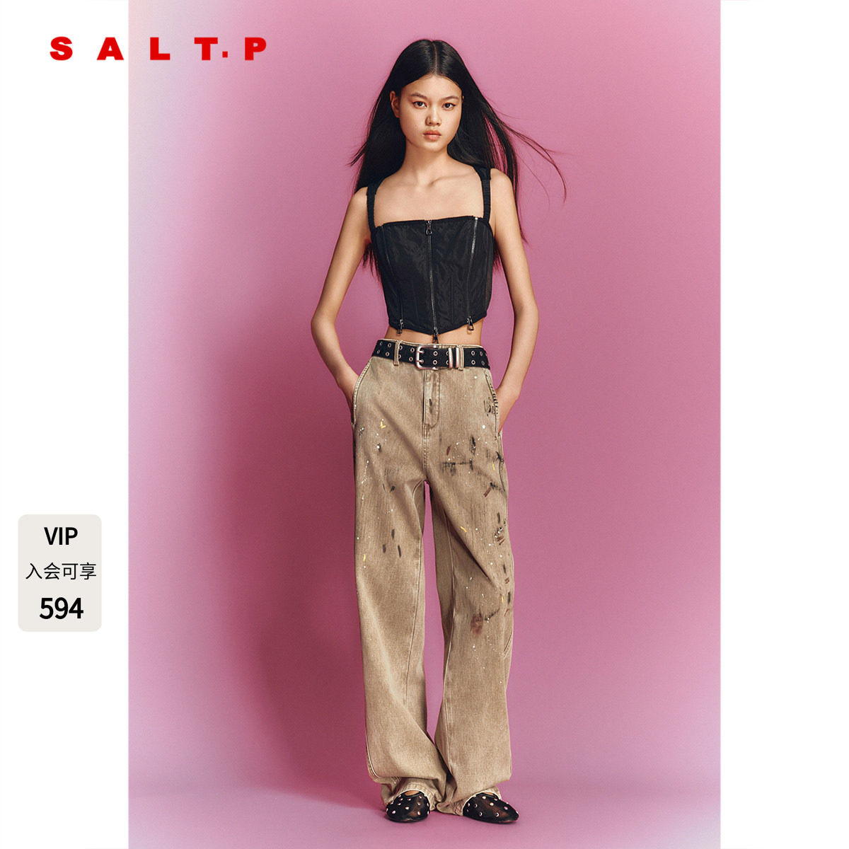 SALT.P可颜废土风泼墨牛仔裤脏脏阔腿裤2026夏季新款AC36220100 - 实物图