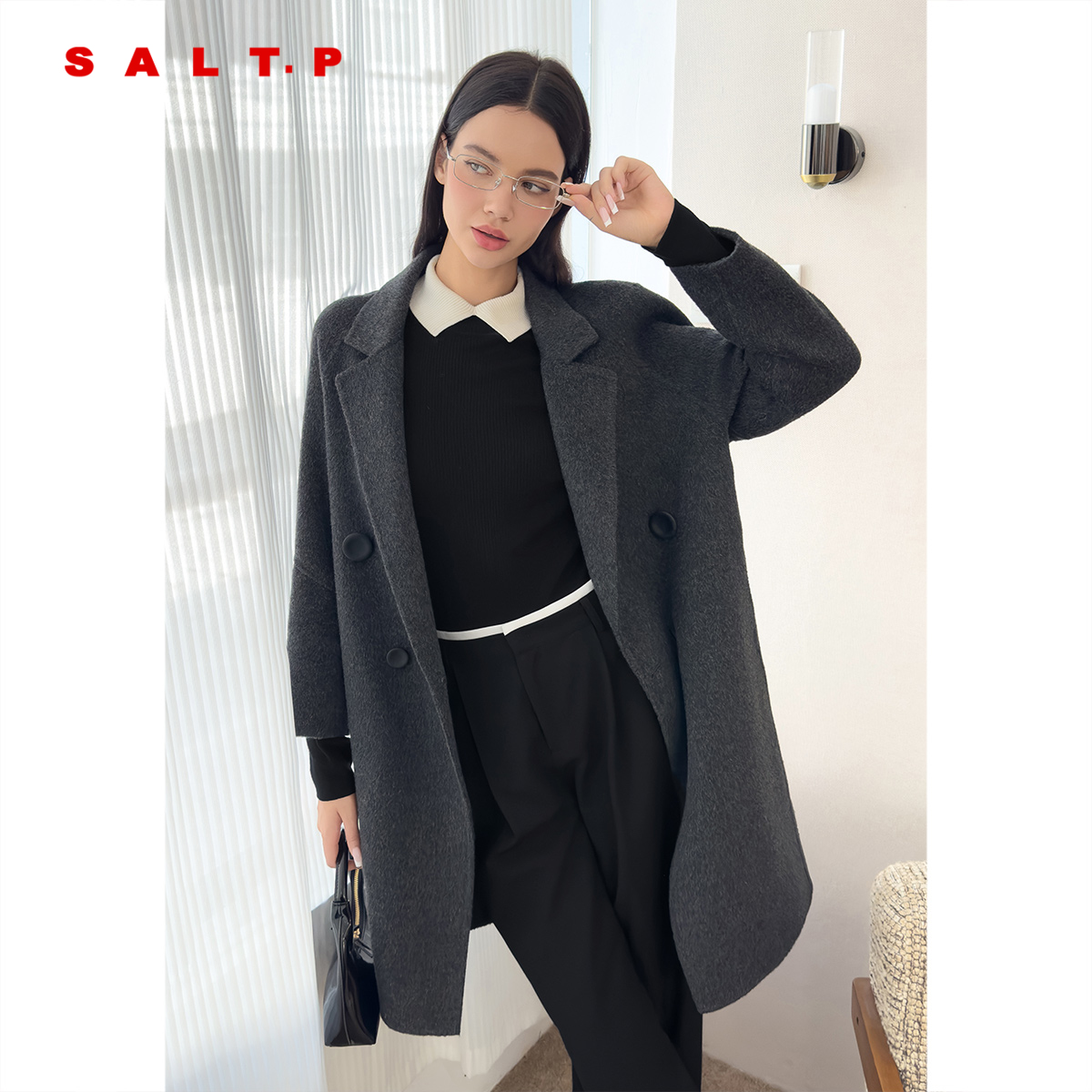 SALT.P可颜【羊毛桑蚕丝】西装领双面呢大衣外套女冬季AC34580120