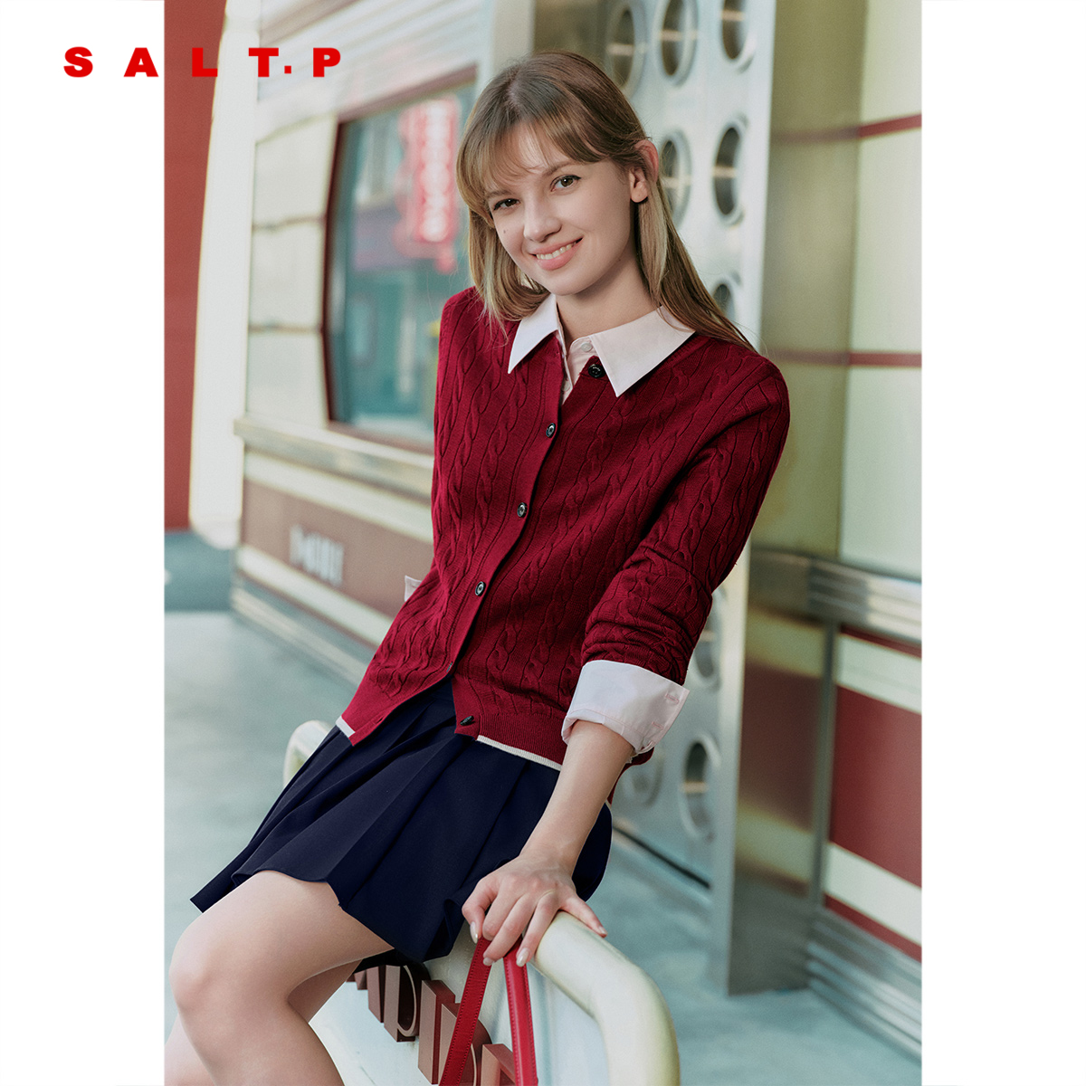 SALT.P可颜MIU系绞花羊毛圆领针织开衫女2025秋新款AC35306360