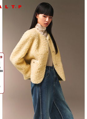 SALT.P可颜浅黄色颗粒绒羊毛圆领短外套女冬季AC34510150