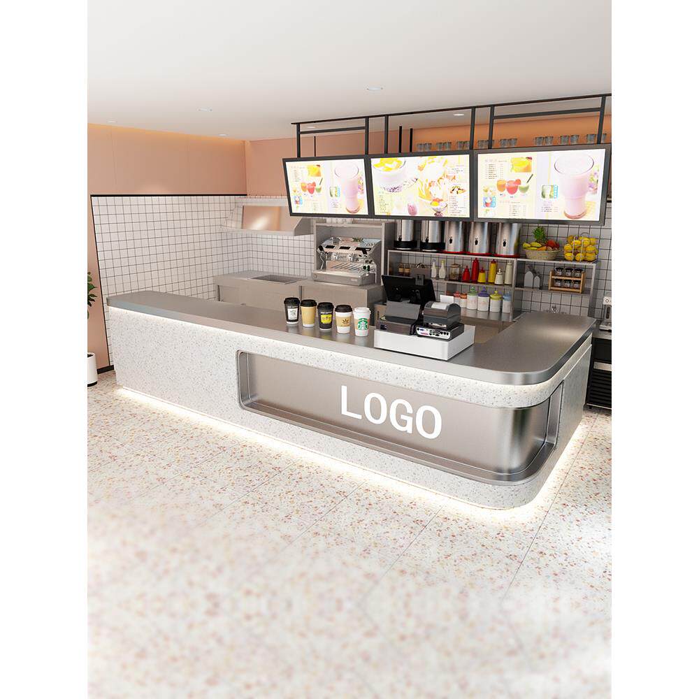 商用奶茶蛋糕咖啡餐饮店转角水吧台收银台一体柜不锈钢前台桌接待