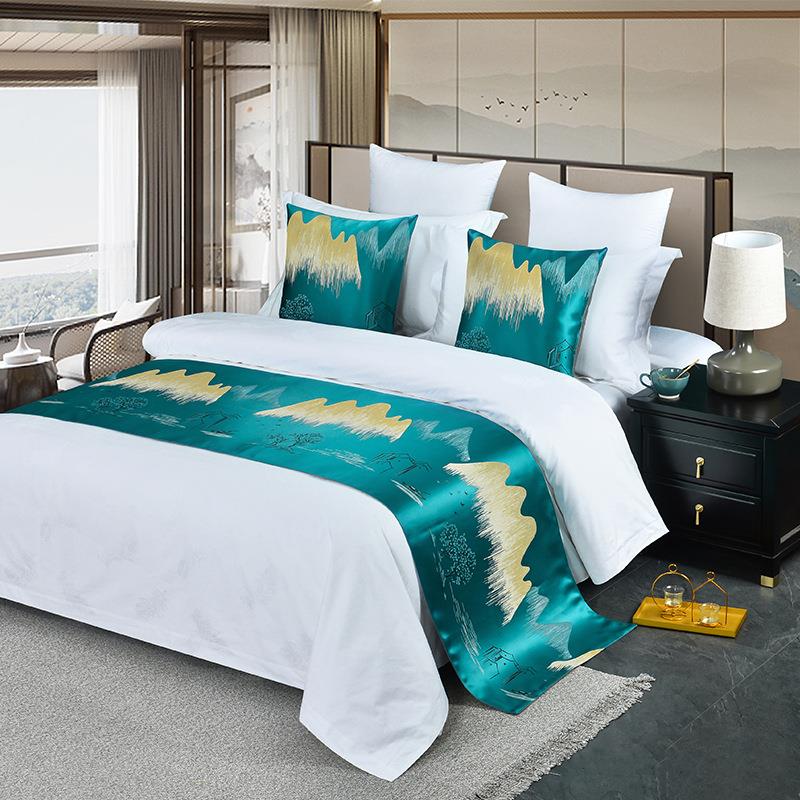 民宿灰色米色床尾巾酒店宾馆山水床尾巾抱枕套高档轻奢床旗床搭巾