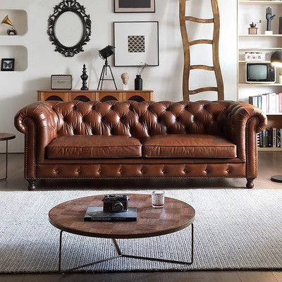 美式复古拉扣沙发商用皮艺厂家咖啡厅油蜡皮三人沙发佛山龙江酒吧