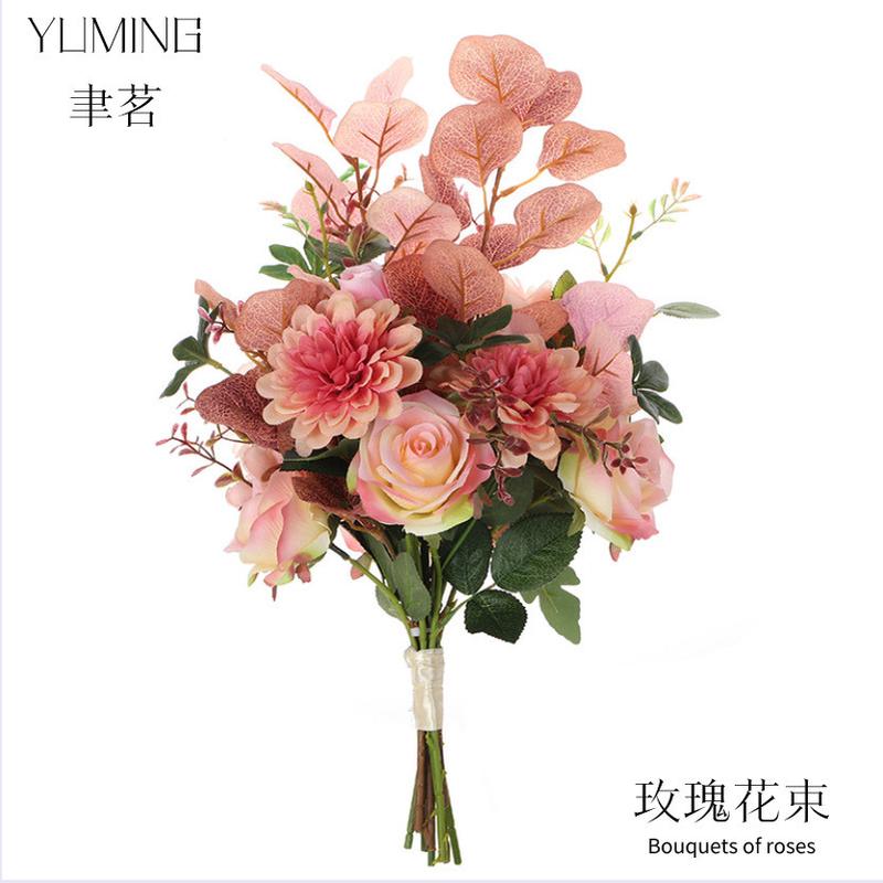 干花玫瑰花束绢花塑料花假花单支客厅装饰仿真餐桌摆件婚庆红花艺