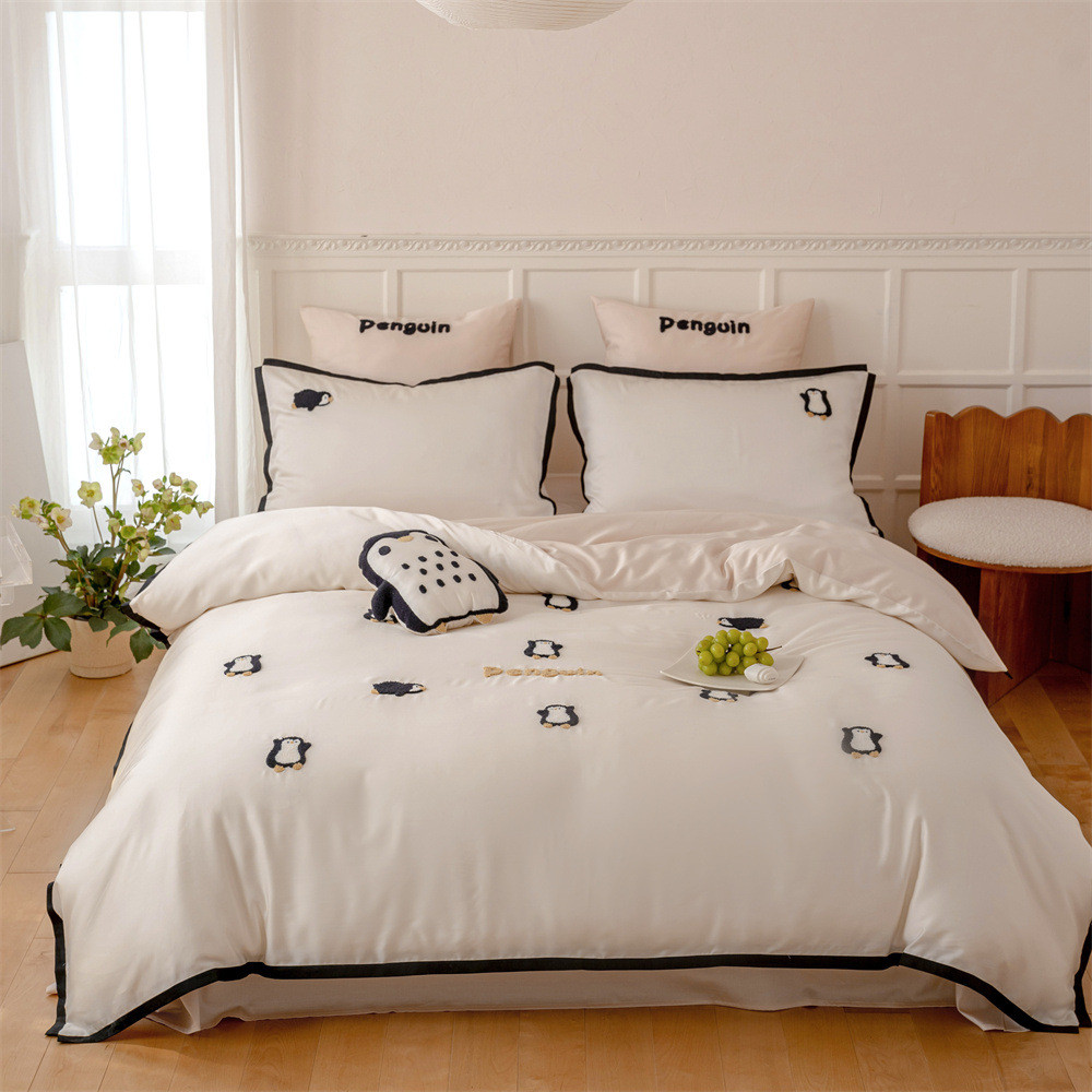 ins卡通感兰精天丝撞色四件套凉绣花被套床单床笠