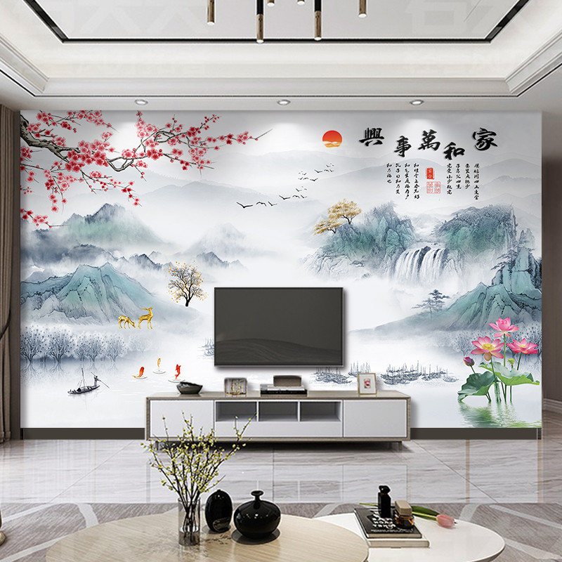 新中式山水画电视背景墙壁纸3d立体壁画新款客厅壁布8d影视墙墙布