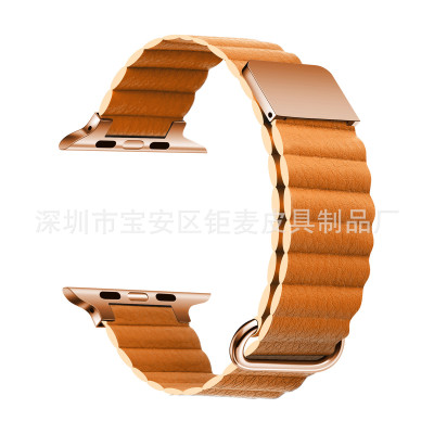 适用AppleWatch7苹果手表表带6534SE皮质磁吸反扣iwatch回环表带