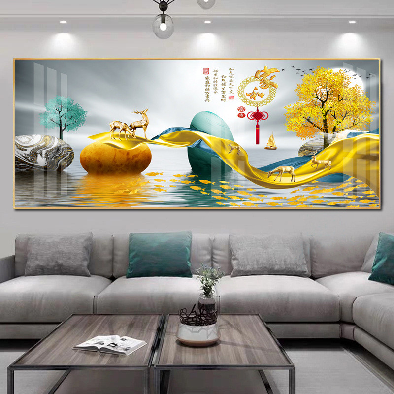 沙发家和万事兴现代油画横版玄关轻奢晶瓷客厅装饰画背景墙壁挂画