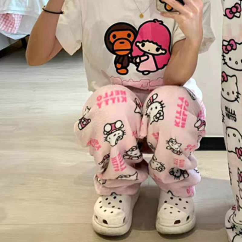 加肥加大码新款睡衣套装女宽松夏季短袖上衣卡通可爱休闲长裤子