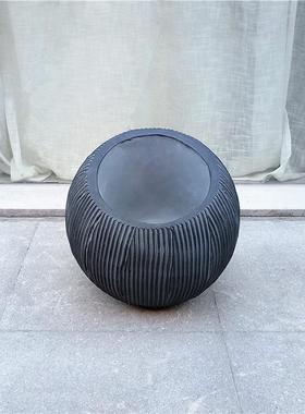 北欧商场条纹半球形玻璃钢花盆组合酒店会所美陈灰色花园花艺摆设