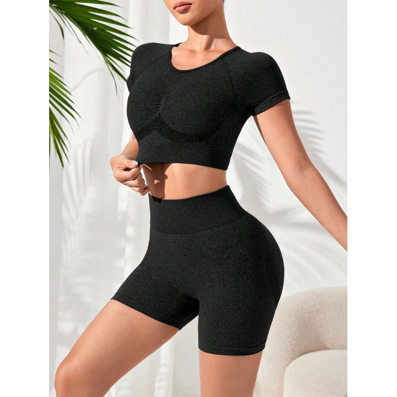 翘臀紧身上衣欧美塑形高弹力高腰显瘦防卷边瑜伽裤健身套装二合一